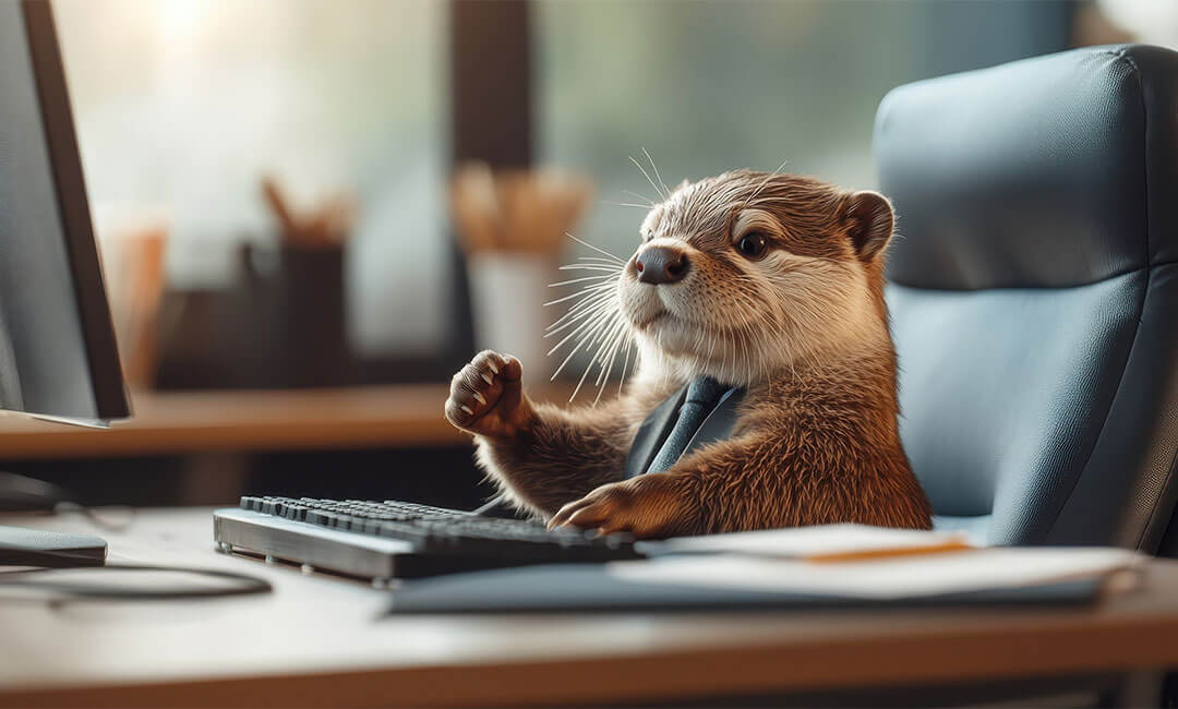 An otter in a suit sat a desk working in an audit company in London.