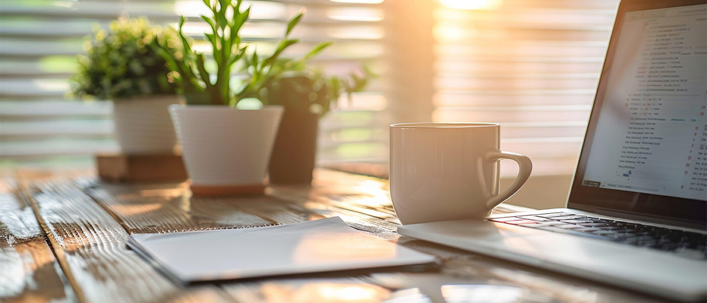 notepad, mug of tea and open laptop on an insurance auditor's desk.