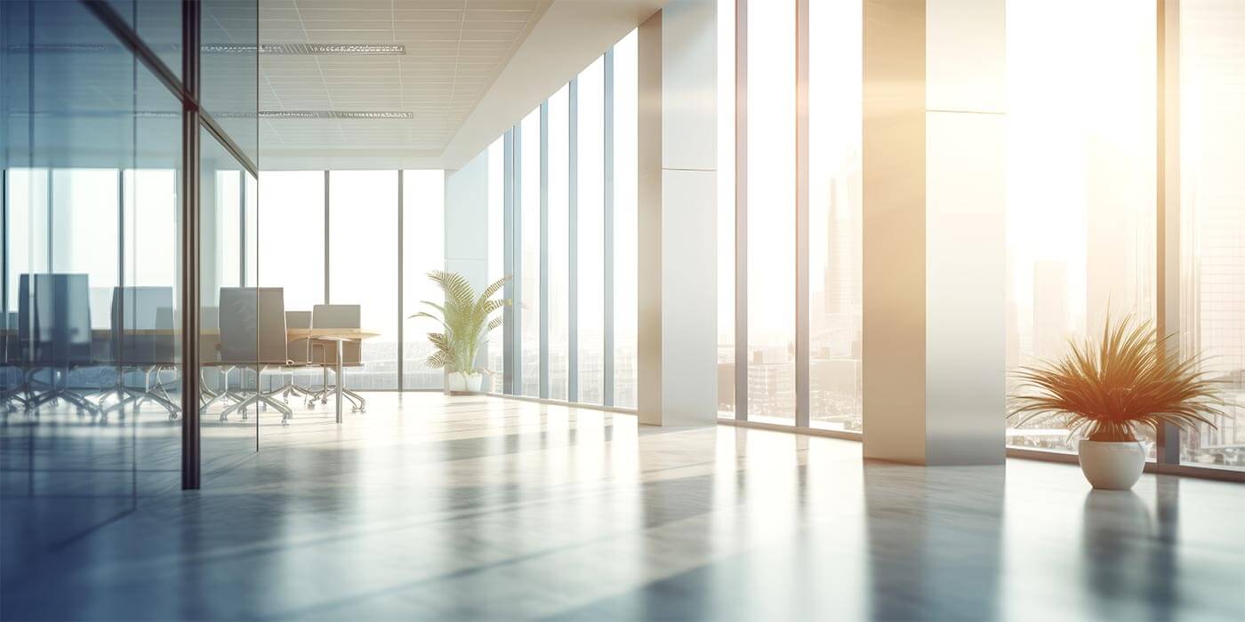 the interior lobby of a compliance consulting office in London overlooking the skyline.