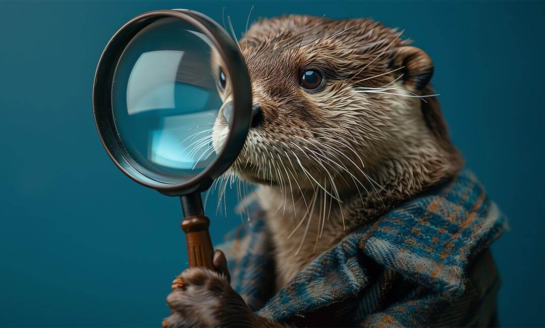 An otter detective peering through a magnifying glass to inspect reports.